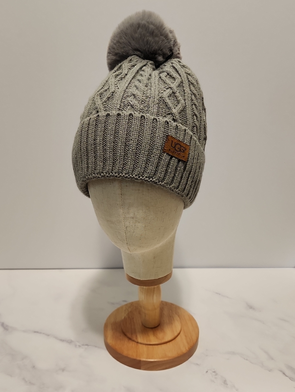 UGG  Gray Knit Pom Pom Beanie
